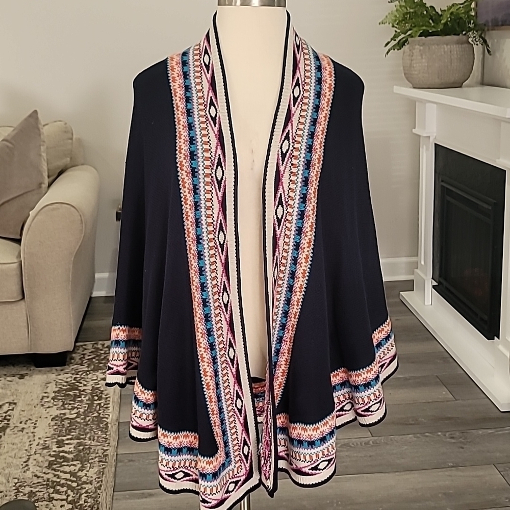 Crown & Ivy Aztec Print Open Front Border Cape/Cardigan